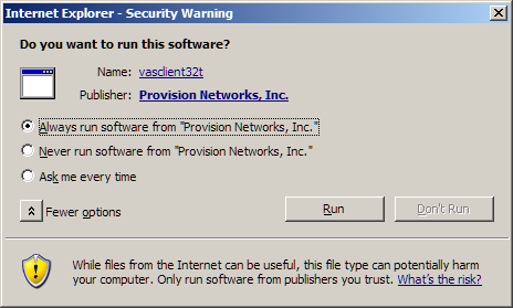 Internet Explorer - Security Warning Dialog